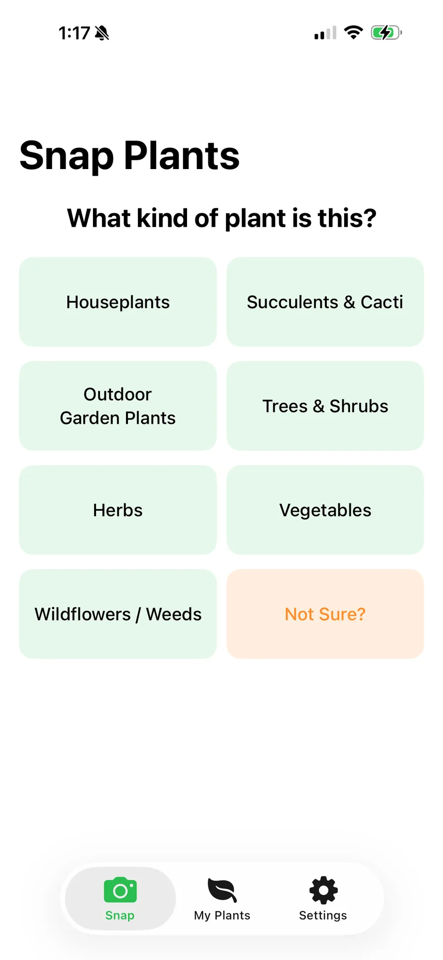 Snap Plants iOS — choose a plant category